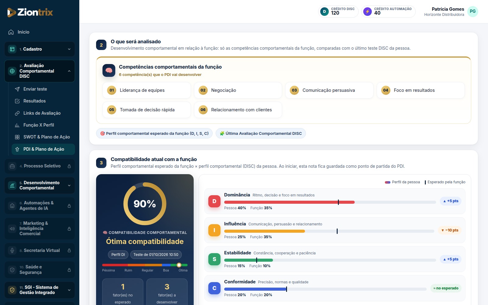 Tela do PDI com as competências analisadas